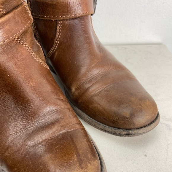 FRYE Phillip Pebbled Leather Knee High Roding Boots Brown Buckle - Picture 14 of 16